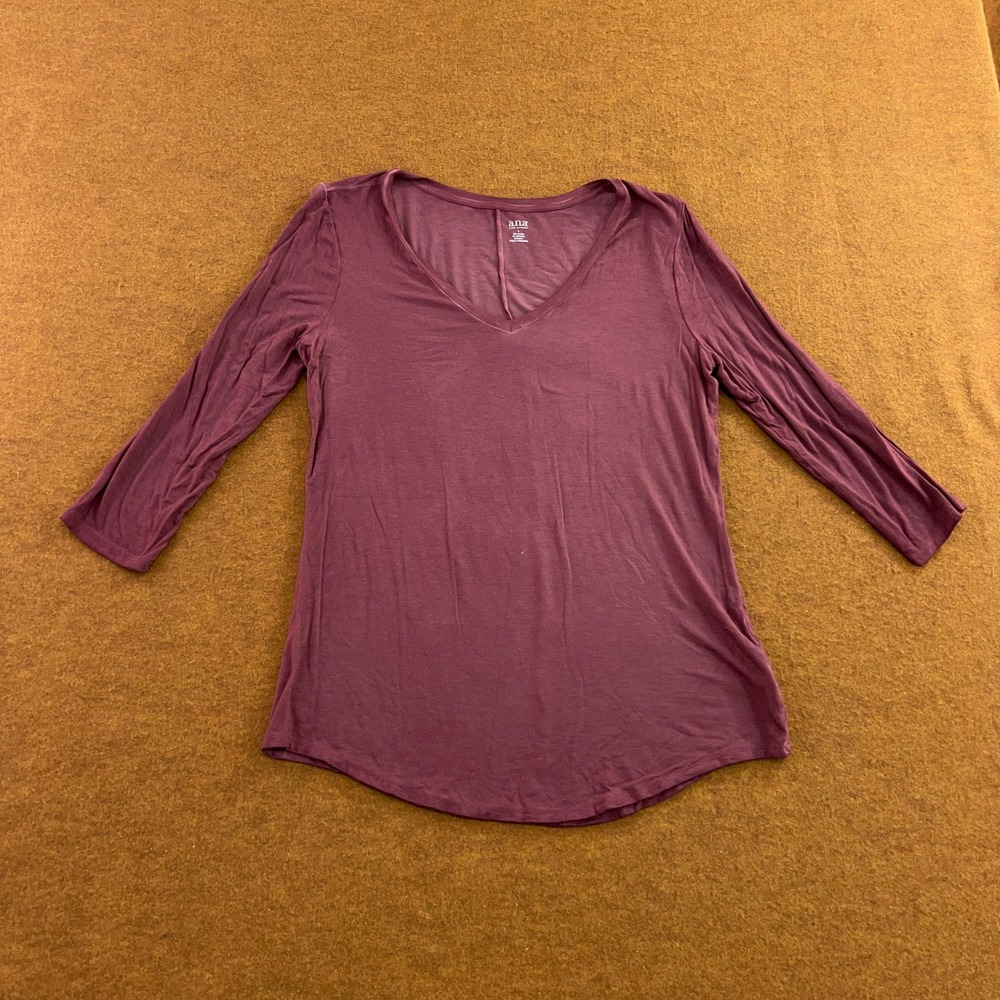 a.n.a Womens Large Purple V-Neck 3/4 Sleeve Rayon Spandex Knit Top *Flaw